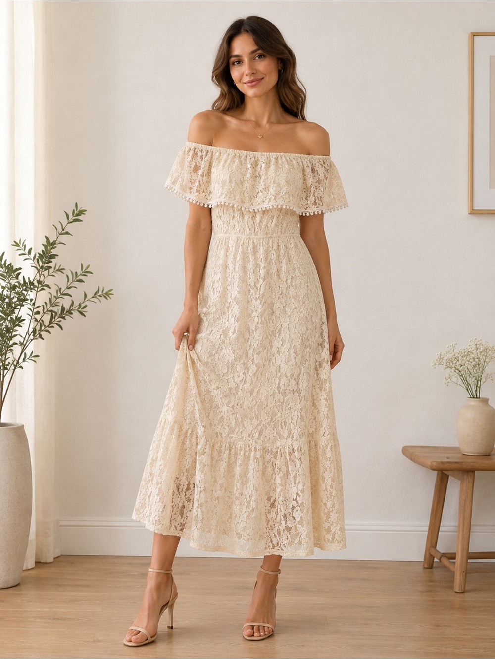 Fraiche by J Ivory Lace Off-Shoulder Lace Midi Dress Size S Boho Romantic